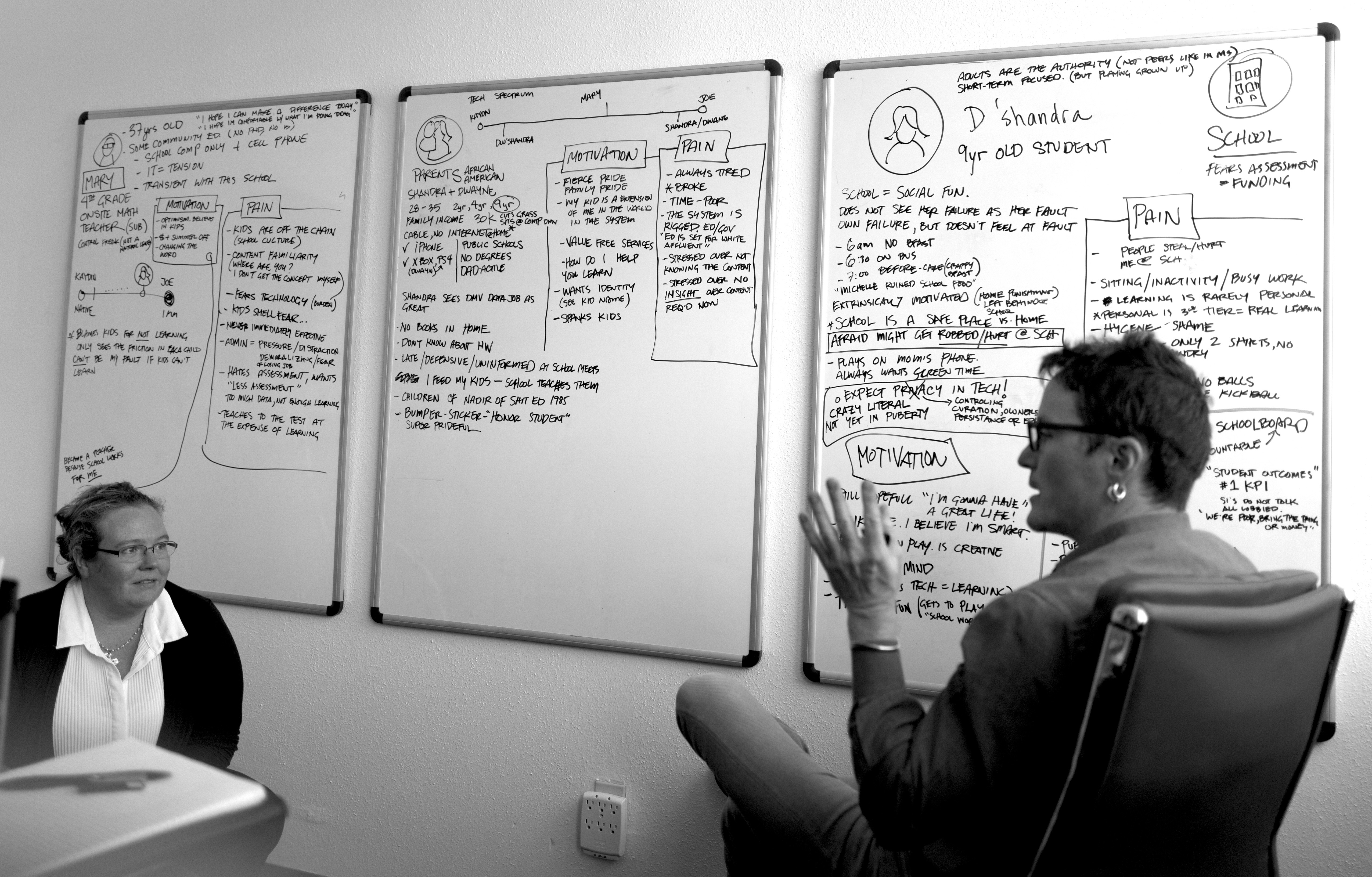 two people discussing at a whiteboard